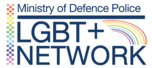 Ministry of Defence Police LGBT+ Network text with a rainbow and a rainbow coloured checkerboard