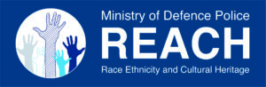 Ministry of Defence Police Reach Logo (Race, Ethnicity and Cultural Heritage) with hands being raised on a dark blue background